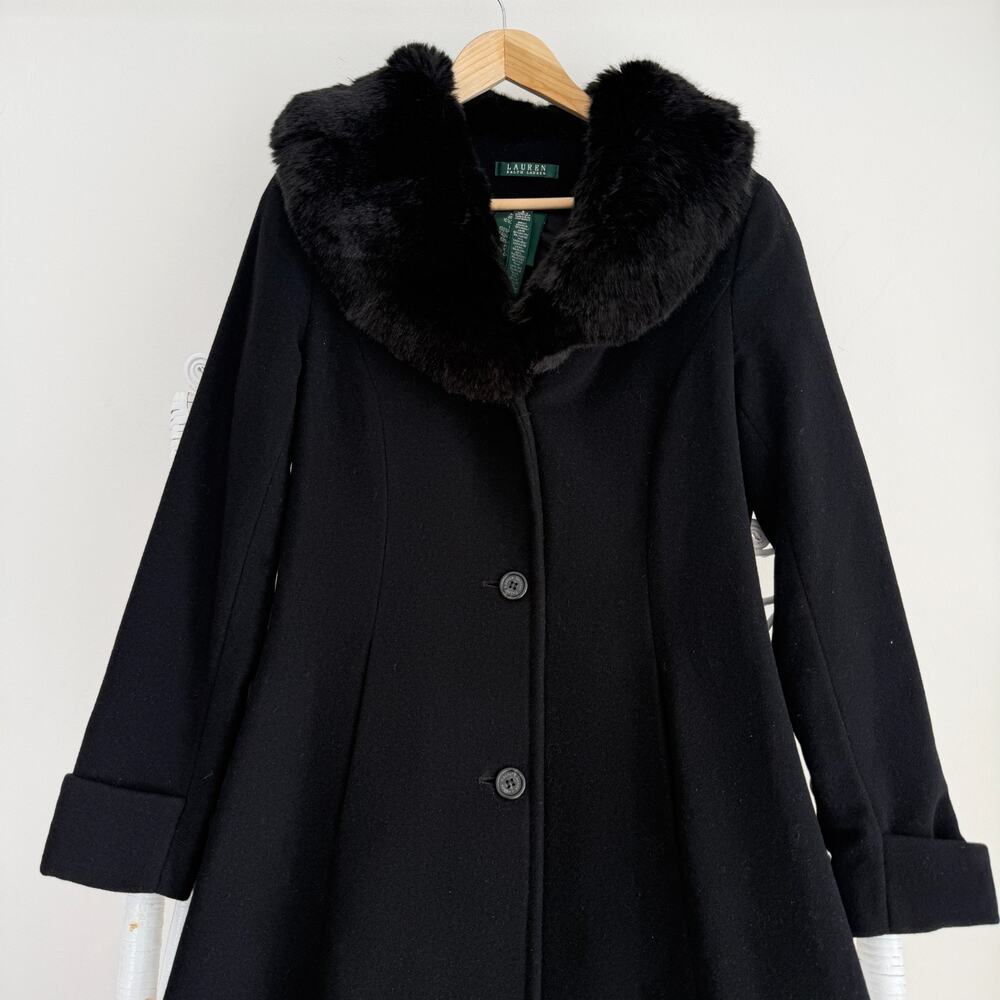Ralph Lauren Coat Women 8 Black Wool Cashmere Blend Quiet Luxury Faux Fur Collar - Picture 4 of 9